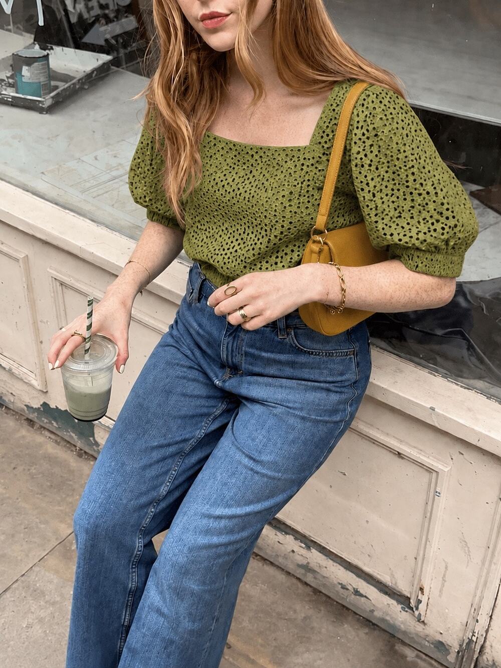Everlane The Eyelet Puff Sleeve Top Green Cotton Square Neck Broderie Blouse